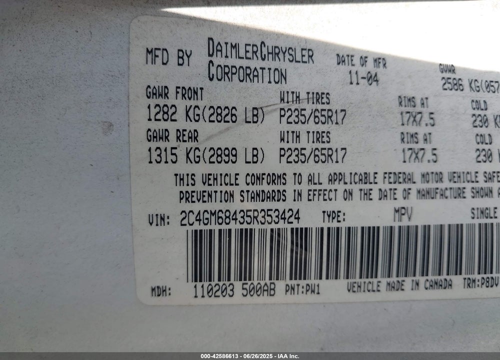 2005 CHRYSLER PACIFICA TOURING VIN: 2C4GM68435R353424