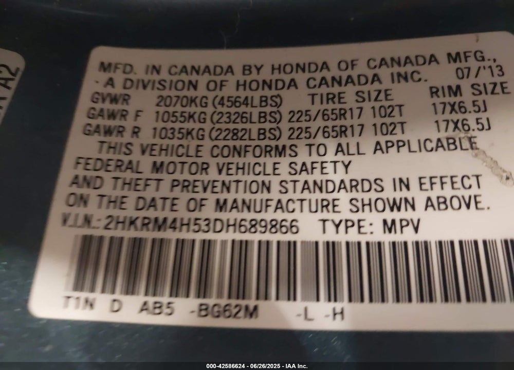 2013 HONDA CR-V VIN: 2HKRM4H53DH689866