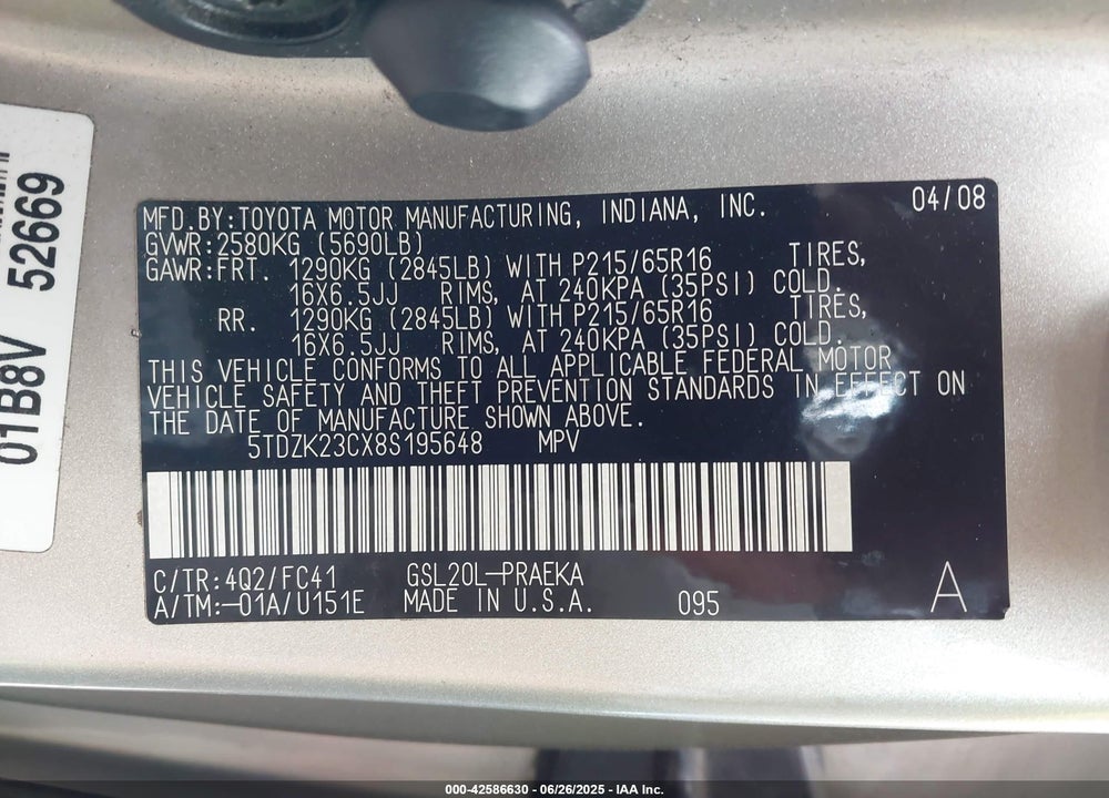 2008 TOYOTA SIENNA LE VIN: 5TDZK23CX8S195648