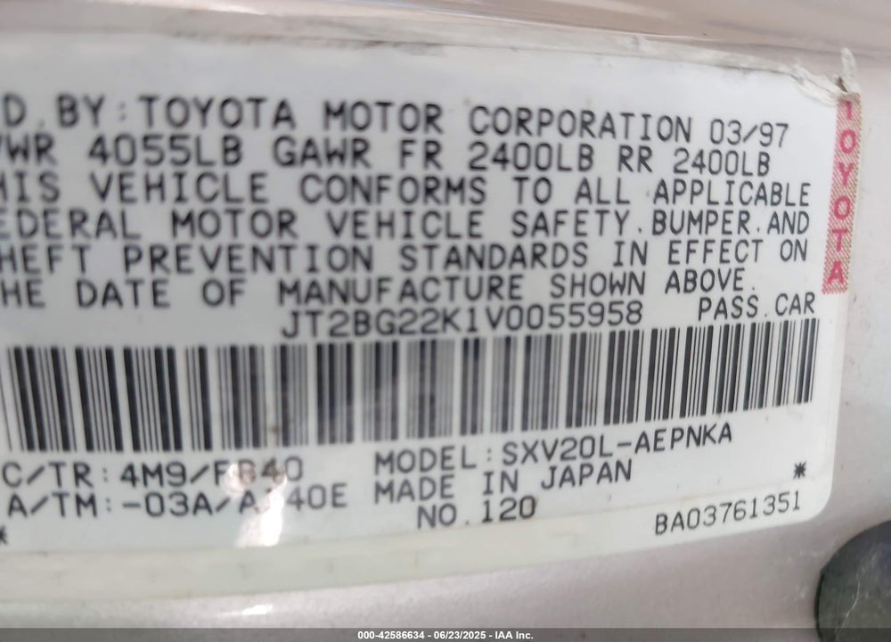 1997 TOYOTA CAMRY LE VIN: JT2BG22K1V0055958