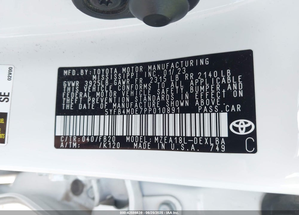 2023 TOYOTA COROLLA LE VIN: 5YFB4MDE7PP010891