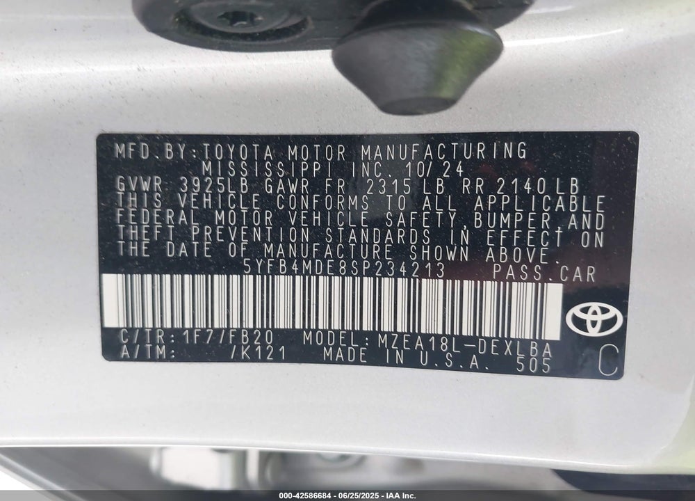 2025 TOYOTA COROLLA LE VIN: 5YFB4MDE8SP234213