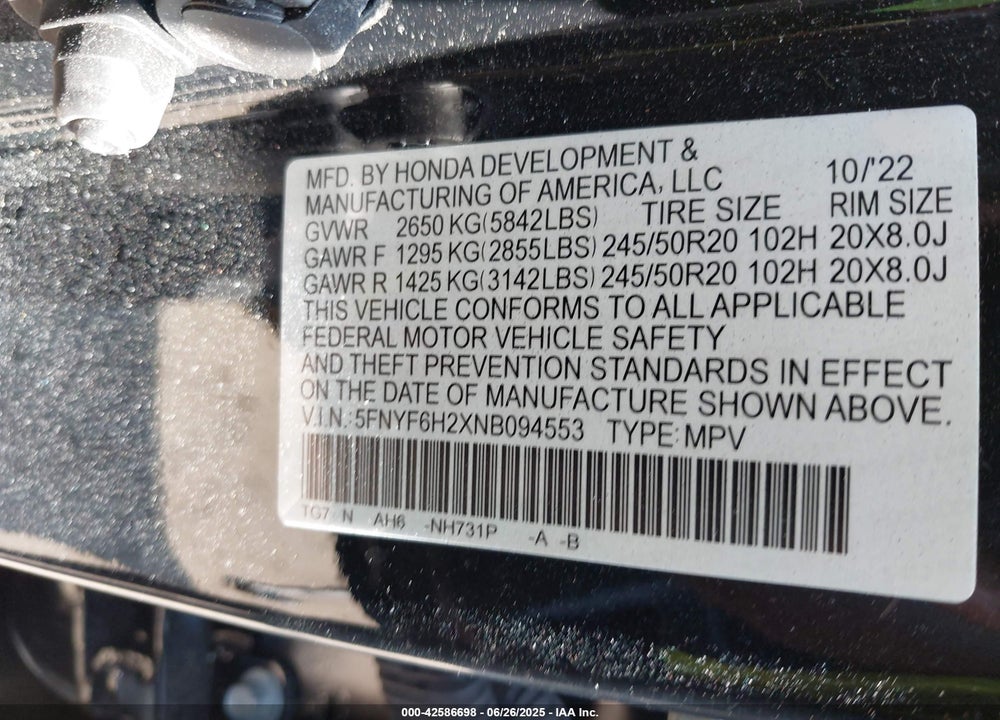 2022 HONDA PILOT VIN: 5FNYF6H2XNB094553