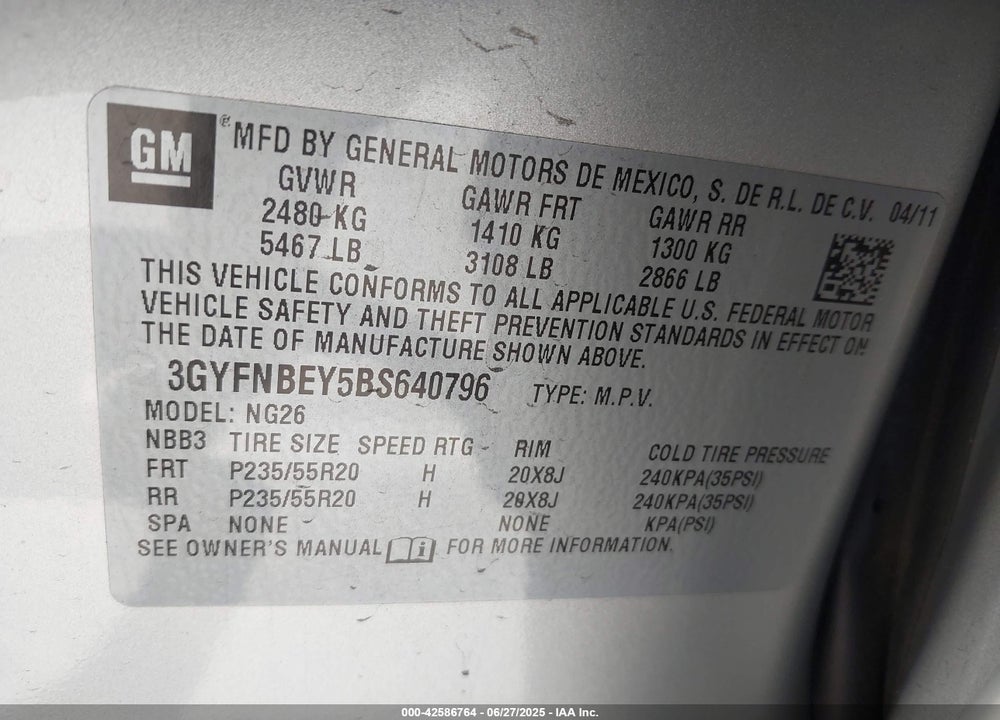 2011 CADILLAC SRX VIN: 3GYFNBEY5BS640796