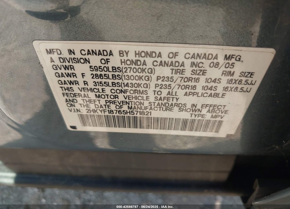 2005 HONDA PILOT EX-L VIN: 2HKYF18765H571821