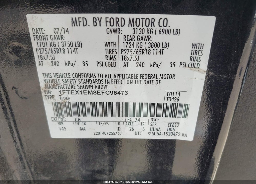 2014 FORD F-150 VIN: 1FTEX1EM8EFC96473