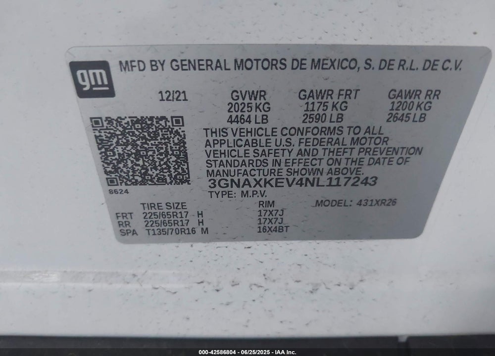 2022 CHEVROLET EQUINOX VIN: 3GNAXKEV4NL117243