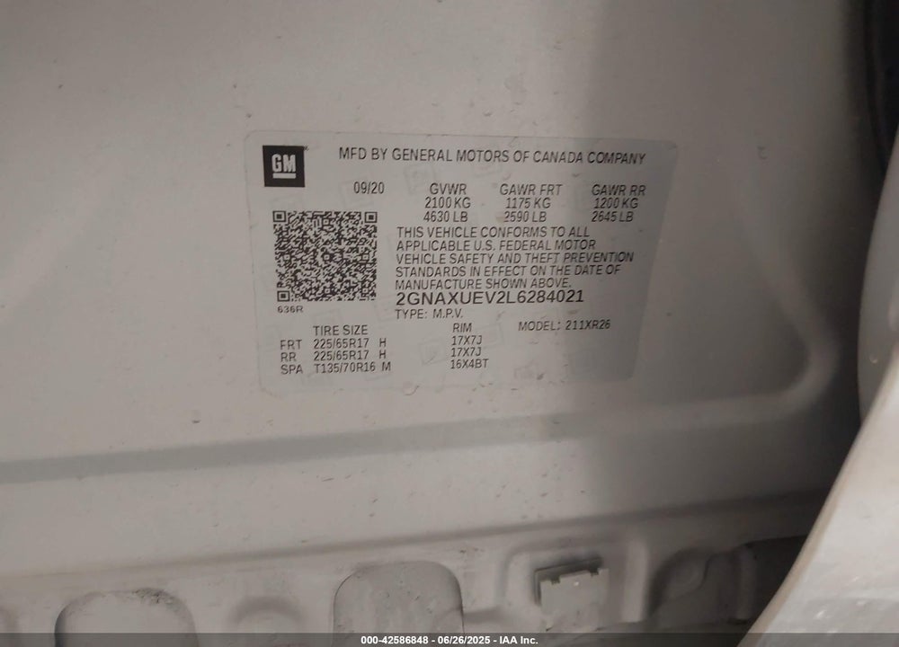 2020 CHEVROLET EQUINOX VIN: 2GNAXUEV2L6284021