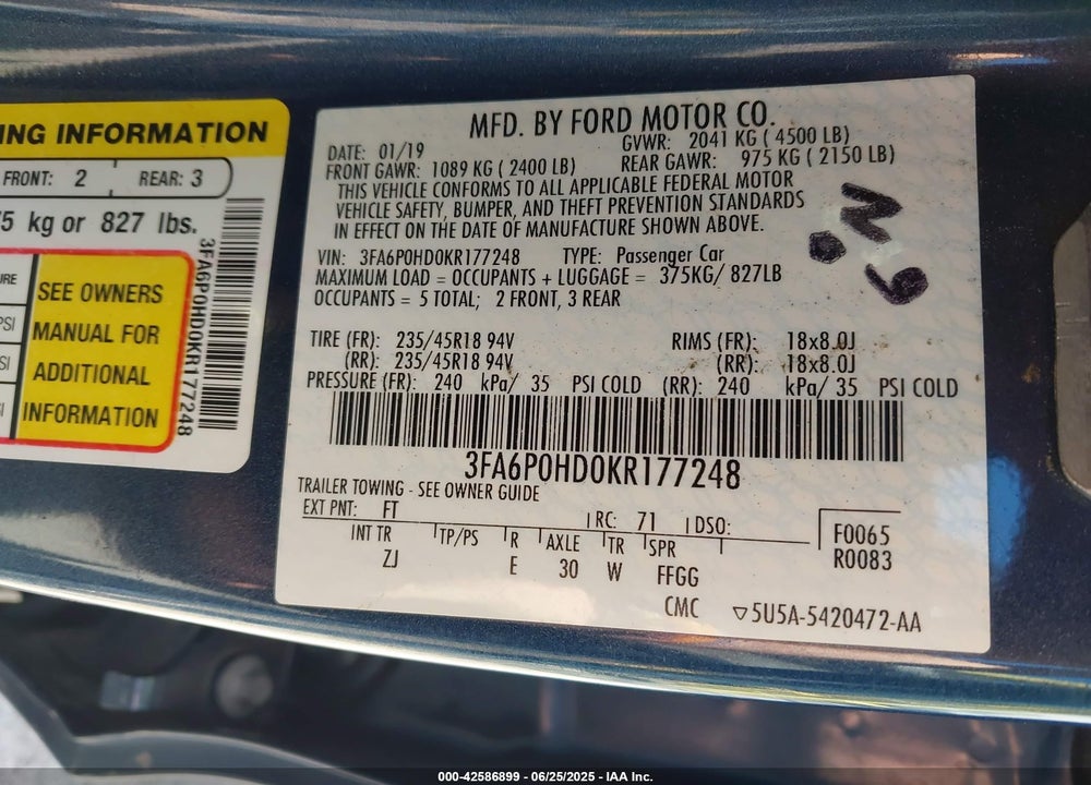2019 FORD FUSION VIN: 3FA6P0HD0KR177248