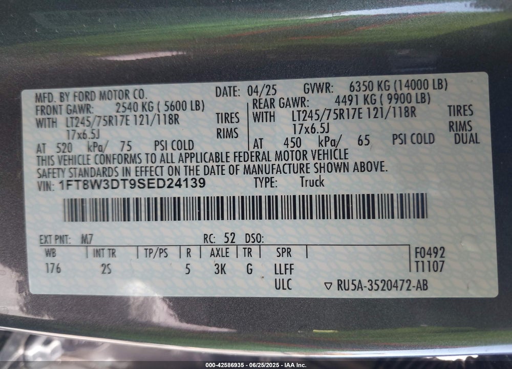 2025 FORD F-350 XLT VIN: 1FT8W3DT9SED24139