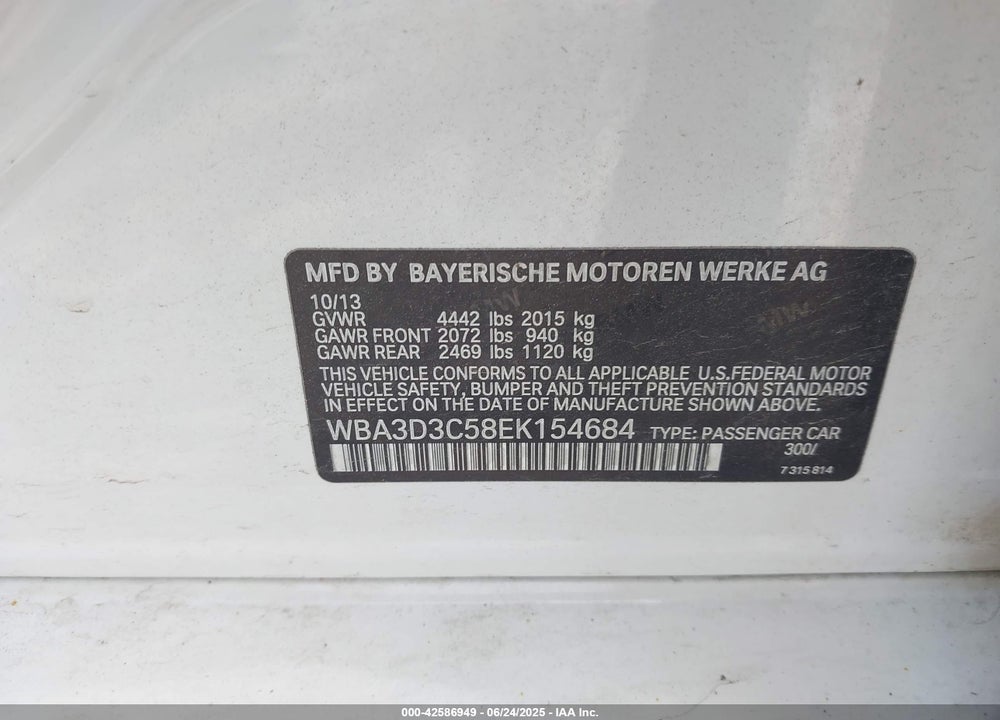 2014 BMW 3 SERIES VIN: WBA3D3C58EK154684