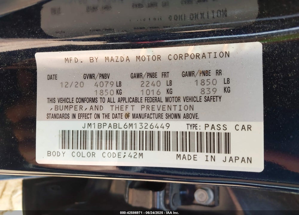 2021 MAZDA 3 SELECT VIN: JM1BPABL6M1326449