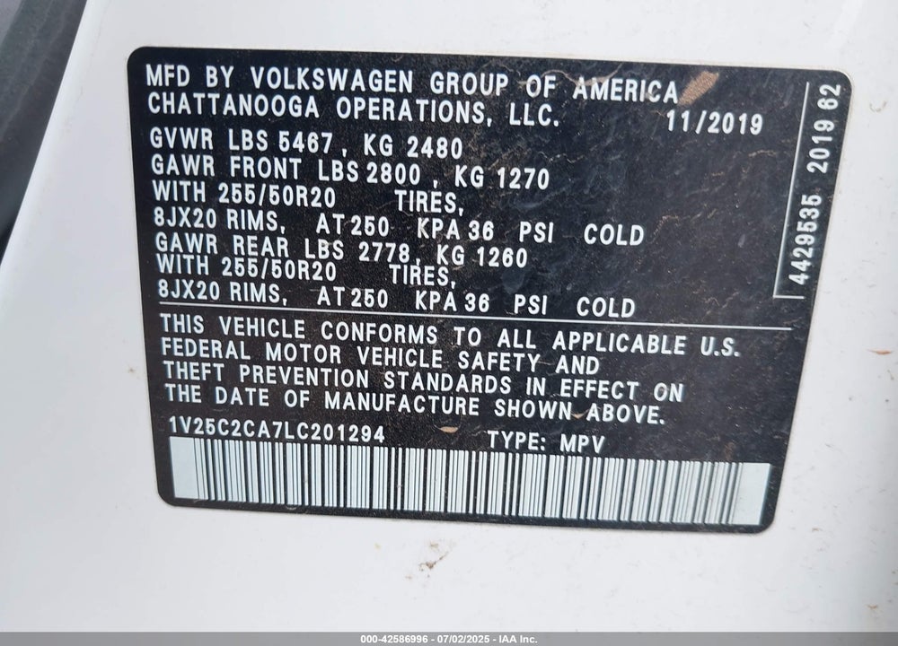 2020 VOLKSWAGEN ATLAS CROSS SPORT VIN: 1V25C2CA7LC201294