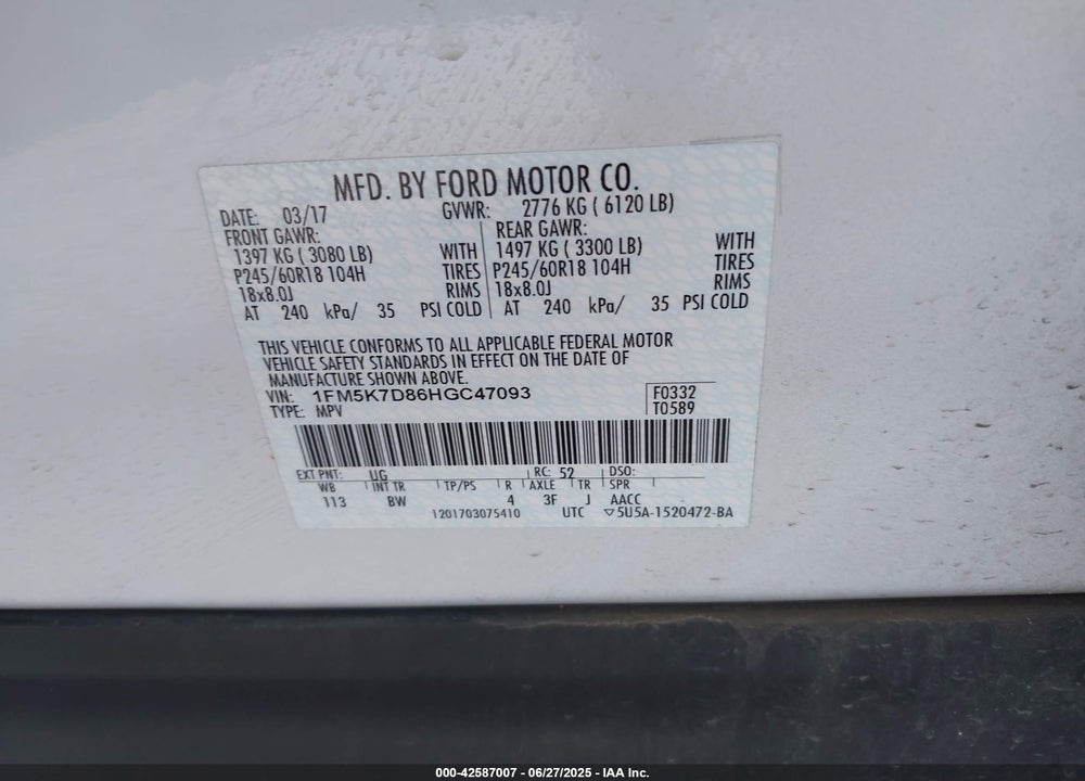 2017 FORD EXPLORER VIN: 1FM5K7D86HGC47093