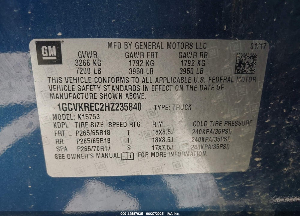2017 CHEVROLET SILVERADO 1500 VIN: 1GCVKREC2HZ235840