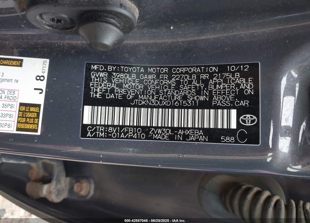 2013 TOYOTA PRIUS VIN: JTDKN3DUXD1615311