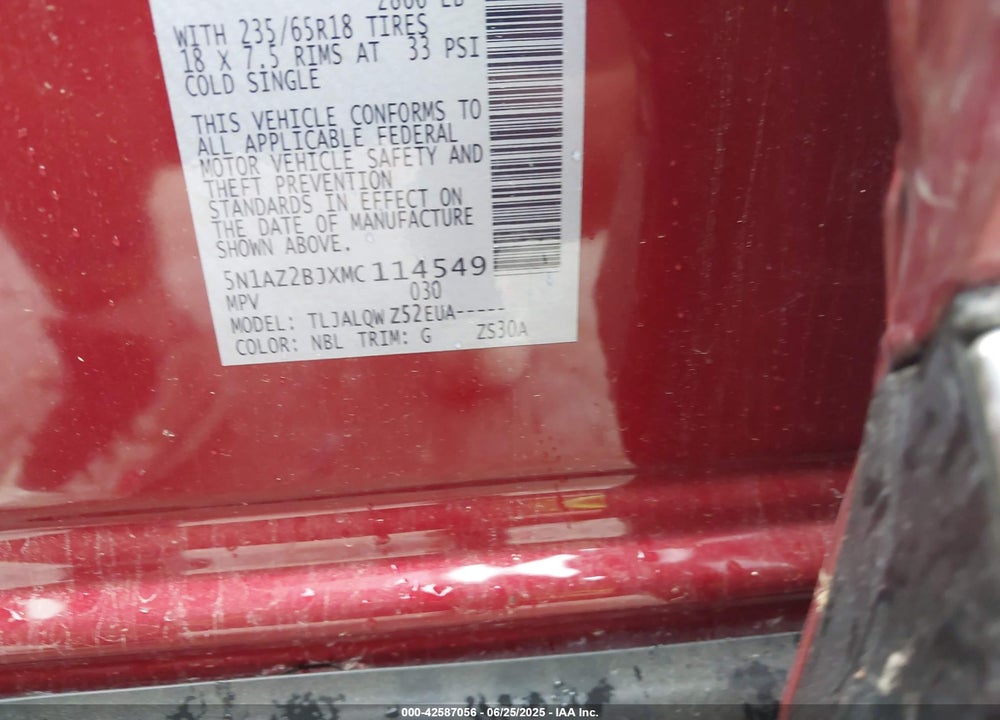 2021 NISSAN MURANO VIN: 5N1AZ2BJXMC114549