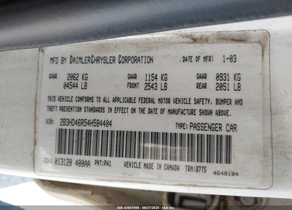 2004 DODGE INTREPID SE VIN: 2B3HD46R54H584404