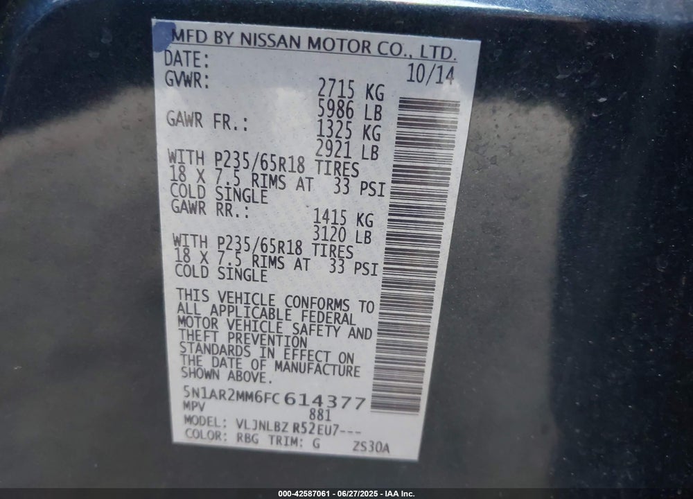 2015 NISSAN PATHFINDER VIN: 5N1AR2MM6FC614377