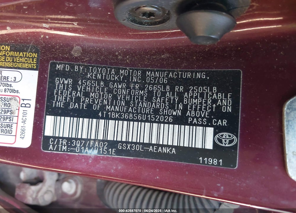 2006 TOYOTA AVALON XL VIN: 4T1BK36B56U152026