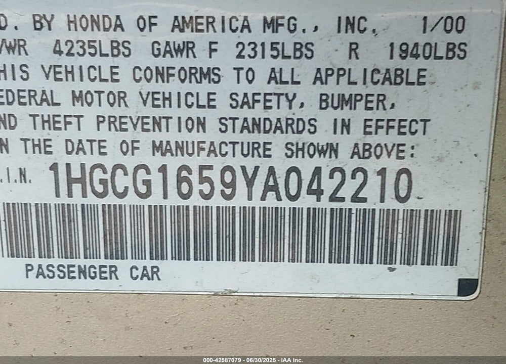 2000 HONDA ACCORD 3.0 EX VIN: 1HGCG1659YA042210