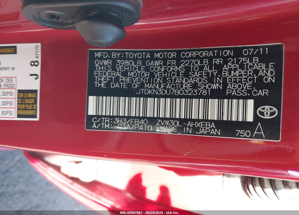 2011 TOYOTA PRIUS VIN: JTDKN3DU7B0323781