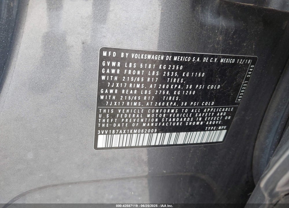 2019 VOLKSWAGEN TIGUAN VIN: 3VV1B7AX1KM062009