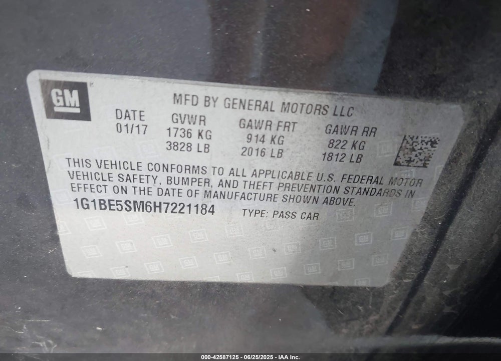 2017 CHEVROLET CRUZE VIN: 1G1BE5SM6H7221184