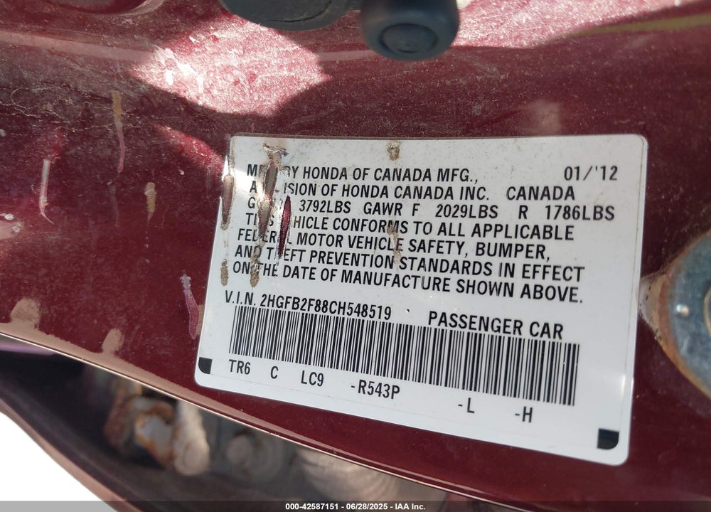 2012 HONDA CIVIC VIN: 2HGFB2F88CH548519