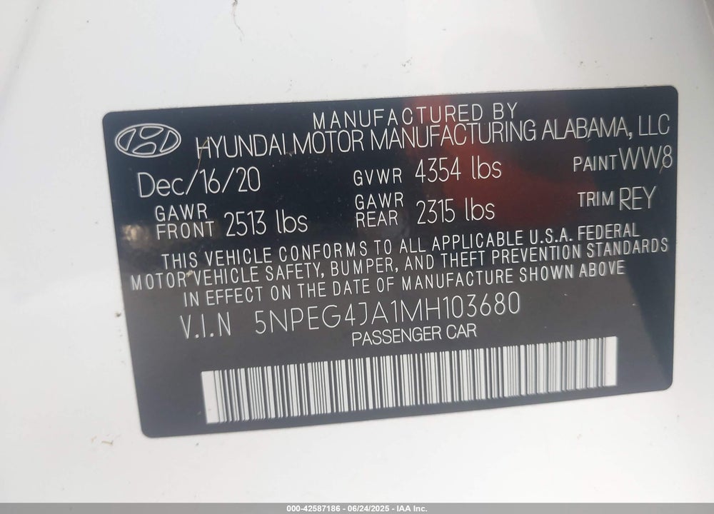 2021 HYUNDAI SONATA VIN: 5NPEG4JA1MH103680