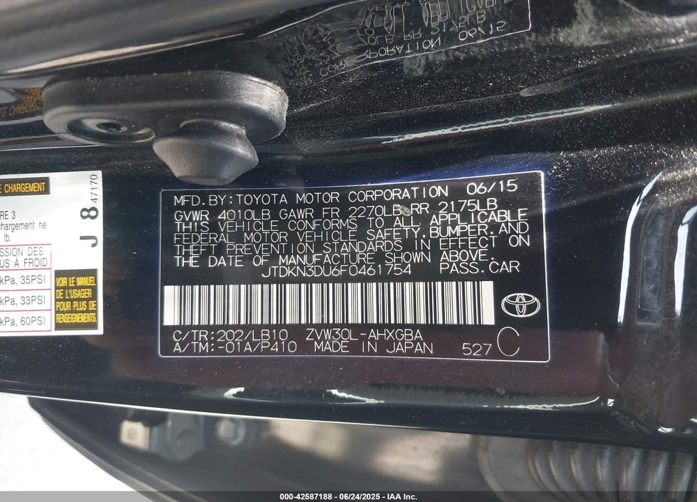 2015 TOYOTA PRIUS VIN: JTDKN3DU6F0461754