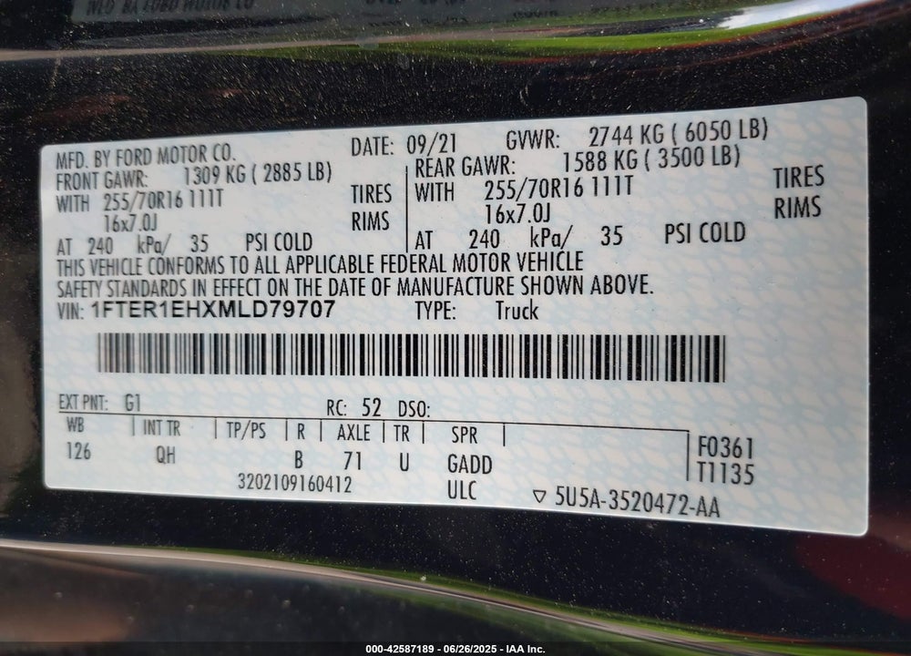 2021 FORD RANGER VIN: 1FTER1EHXMLD79707