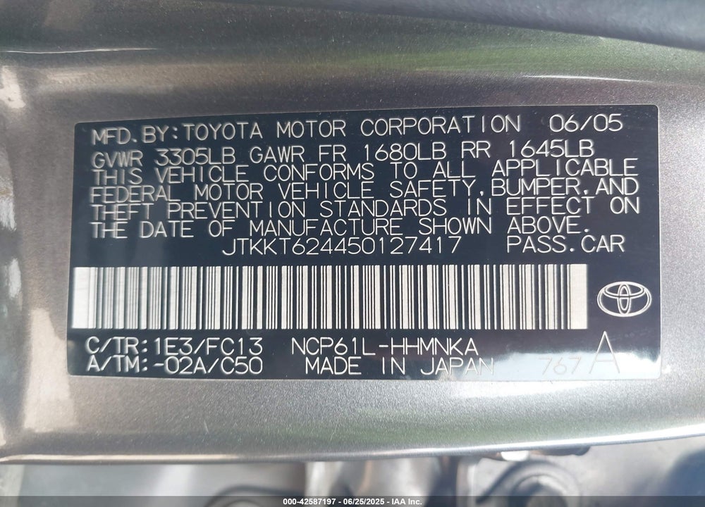2005 SCION XA VIN: JTKKT624450127417