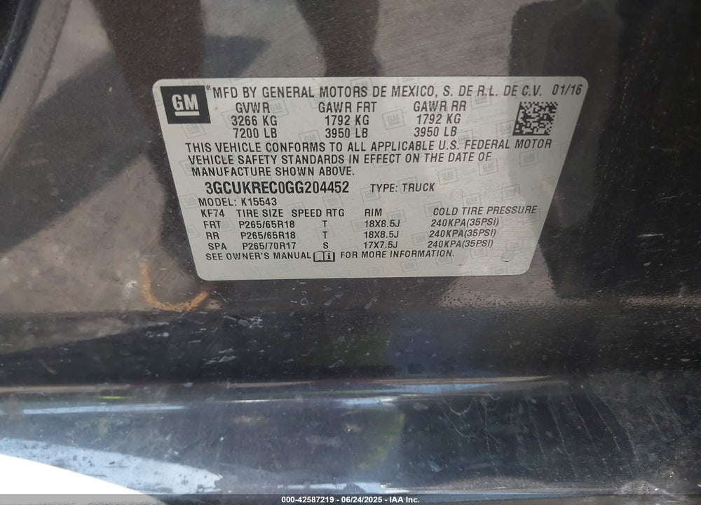 2016 CHEVROLET SILVERADO 1500 VIN: 3GCUKREC0GG204452
