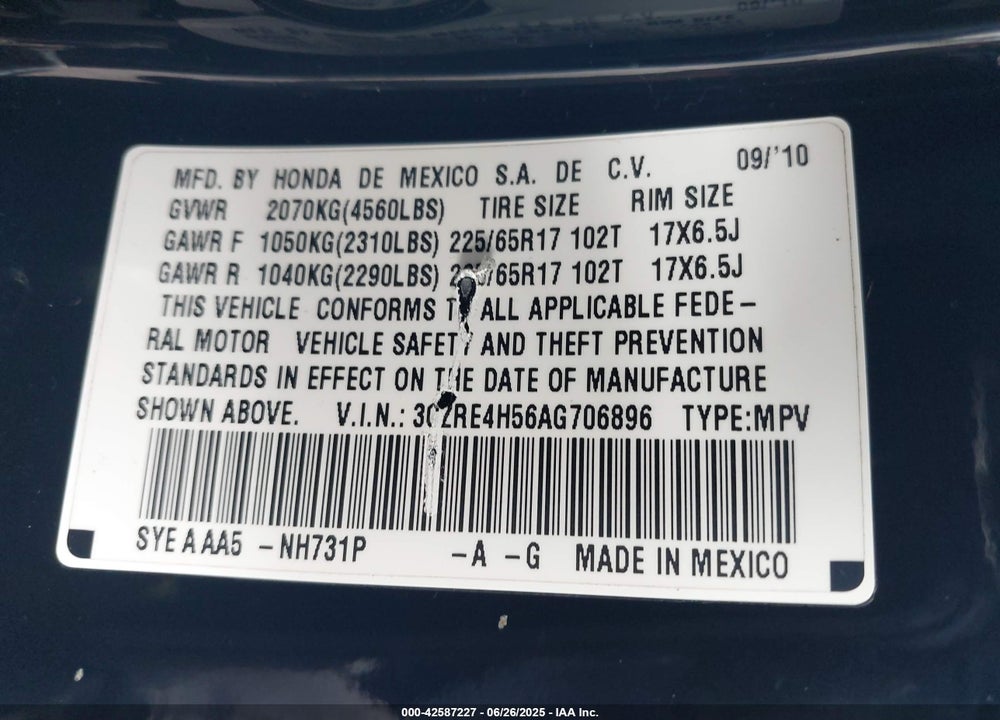 2010 HONDA CR-V EX VIN: 3CZRE4H56AG706896