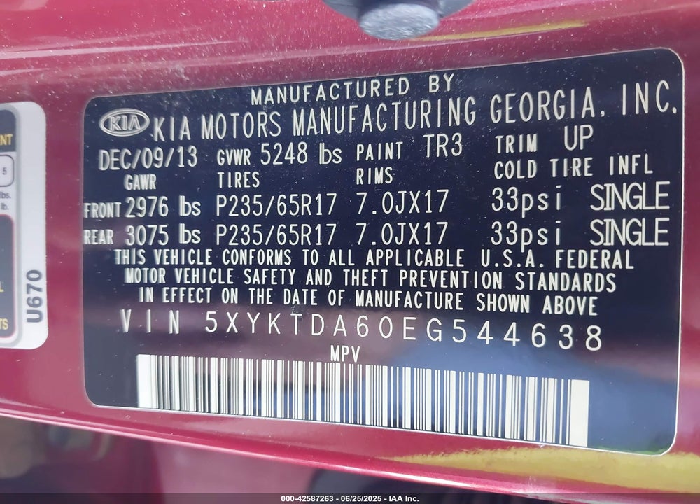 2014 KIA SORENTO VIN: 5XYKTDA60EG544638