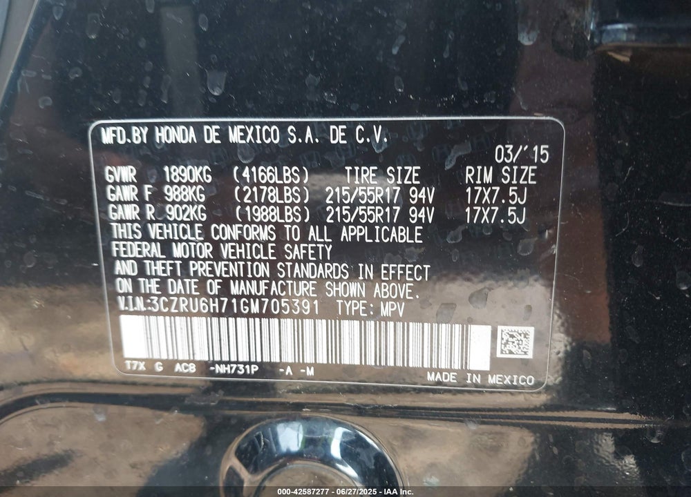 2016 HONDA HR-V VIN: 3CZRU6H71GM705391