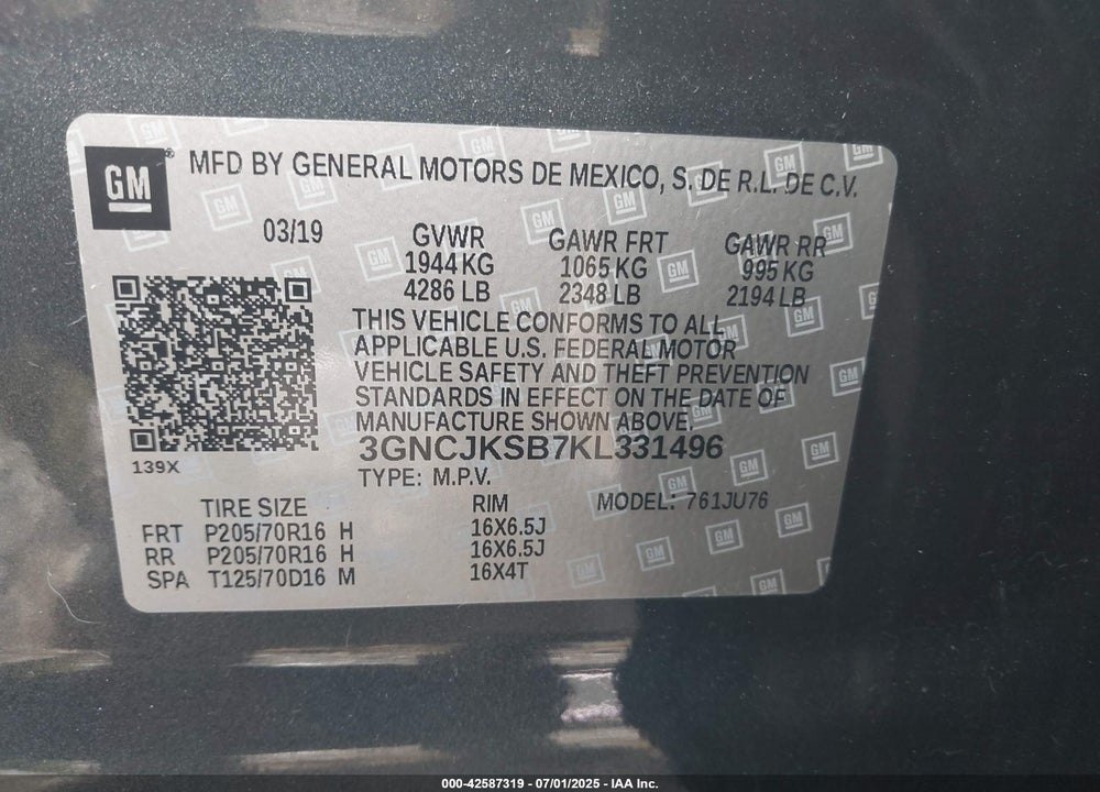 2019 CHEVROLET TRAX VIN: 3GNCJKSB7KL331496