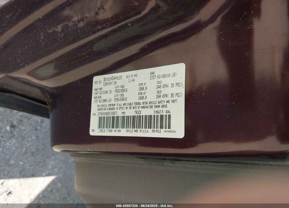 2005 DODGE DAKOTA SLT VIN: 1D7HE42N05S193871