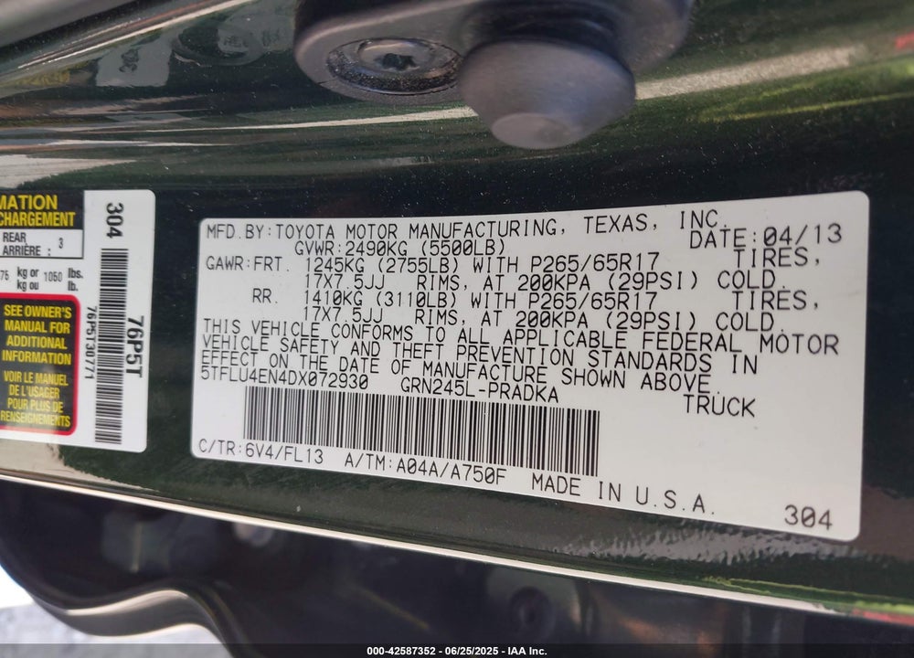 2013 TOYOTA TACOMA VIN: 5TFLU4EN4DX072930