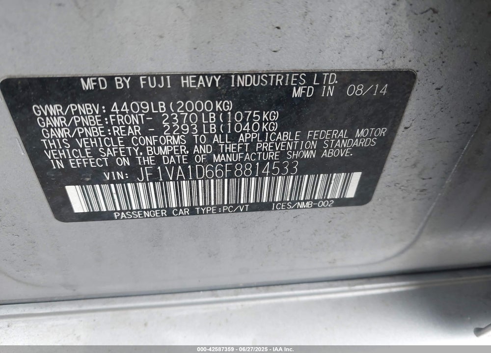2015 SUBARU WRX VIN: JF1VA1D66F8814533
