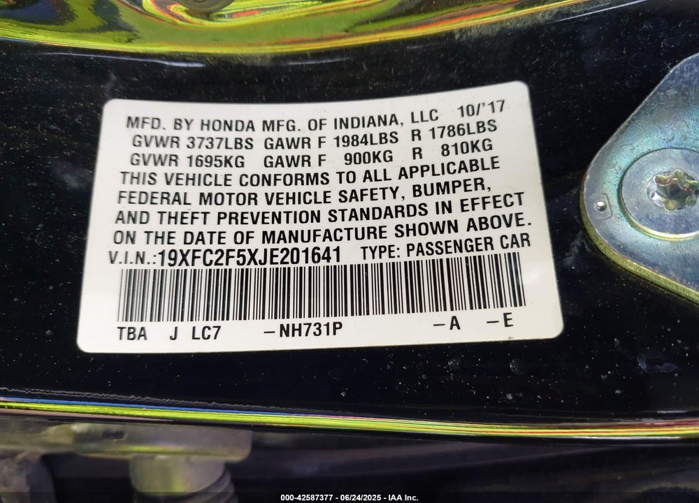 2018 HONDA CIVIC LX VIN: 19XFC2F5XJE201641
