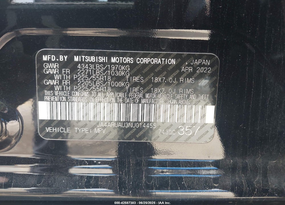 2022 MITSUBISHI OUTLANDER SPORT VIN: JA4ARUAU3NU014455
