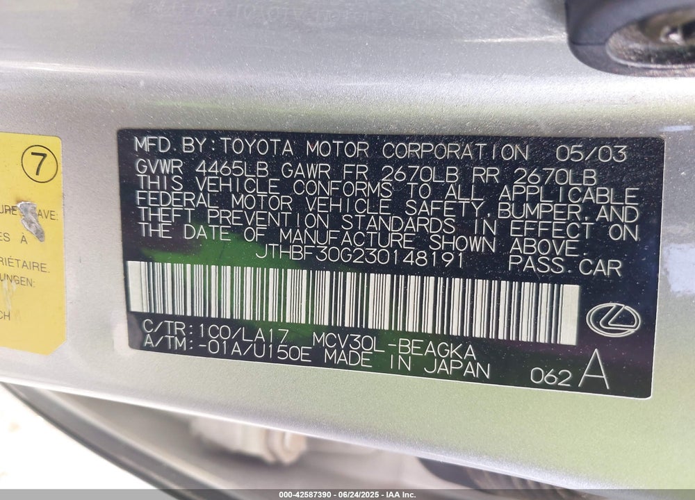 2003 LEXUS ES 300 VIN: JTHBF30G230148191