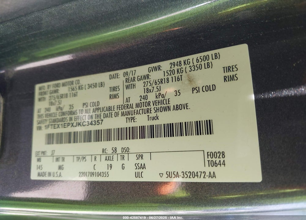 2018 FORD F-150 VIN: 1FTEX1EPXJKC34357