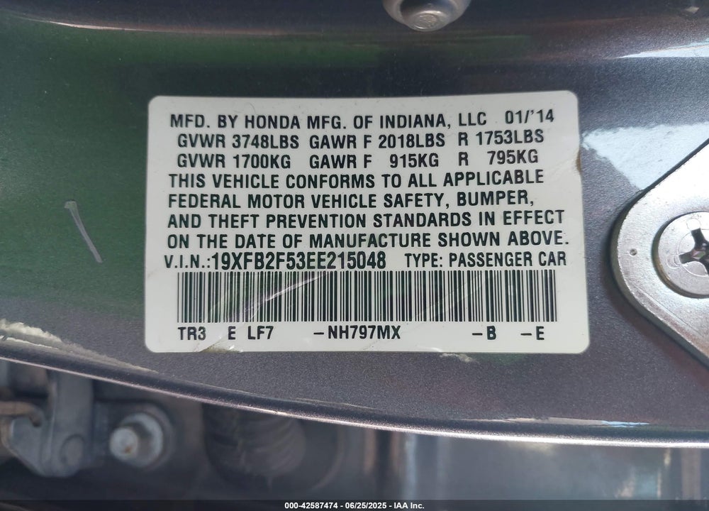 2014 HONDA CIVIC VIN: 19XFB2F53EE215048