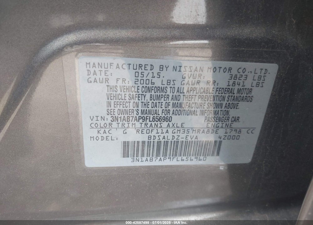 2015 NISSAN SENTRA VIN: 3N1AB7AP9FL656960
