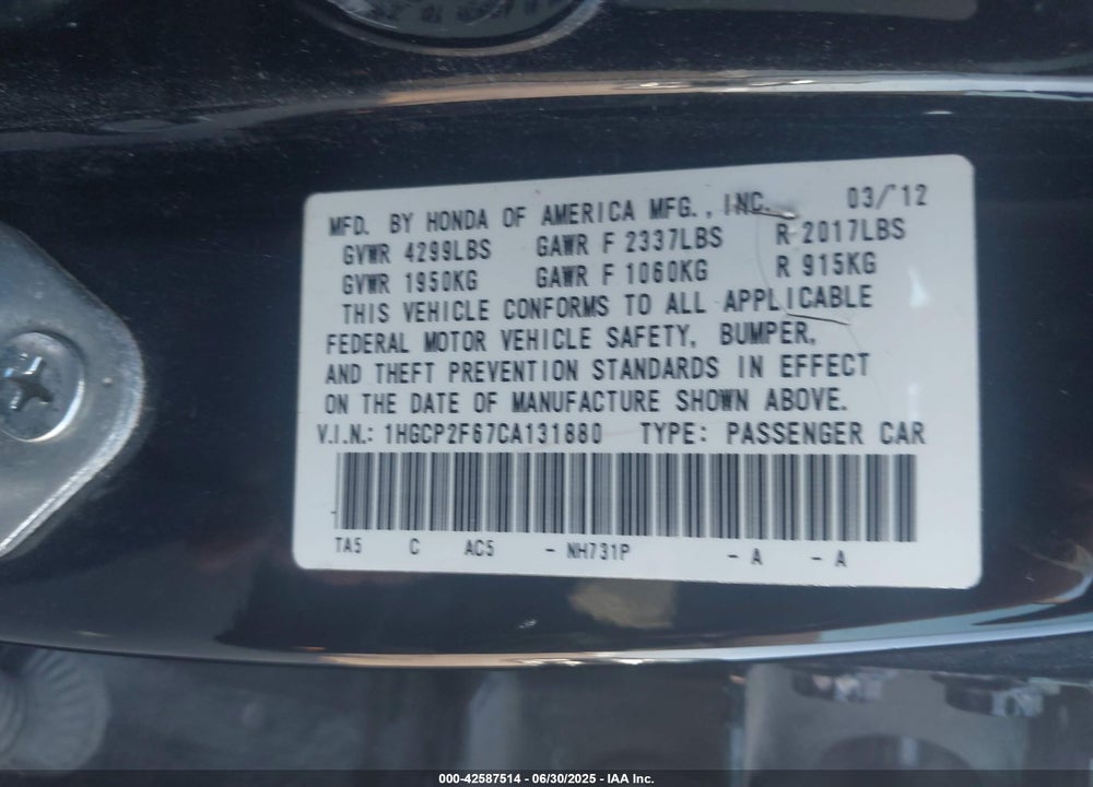 2012 HONDA ACCORD 2.4 SE VIN: 1HGCP2F67CA131880