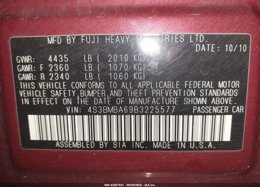 2011 SUBARU LEGACY VIN: 4S3BMBA69B3225577