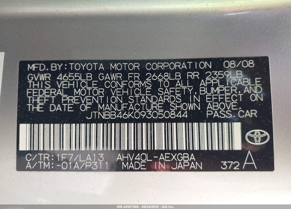 2009 TOYOTA CAMRY HYBRID VIN: JTNBB46K093050844